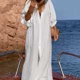 Balloon Sleeve Button Pocketed Loose Shirt Maxi Dress