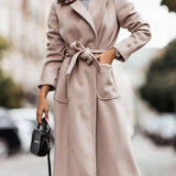 Simple Belted-Waist Long Wool Coat