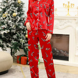 Christmas Candy Pattern Silk-Like Pajama Set