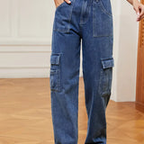 American Style Elastic-Waist Denim Cargo Pants
