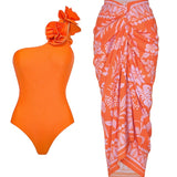 3D Floral Glossy Solid Swimsuit Set