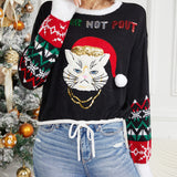 Casual Round Neck Cat Embroidery Sequin Sweater