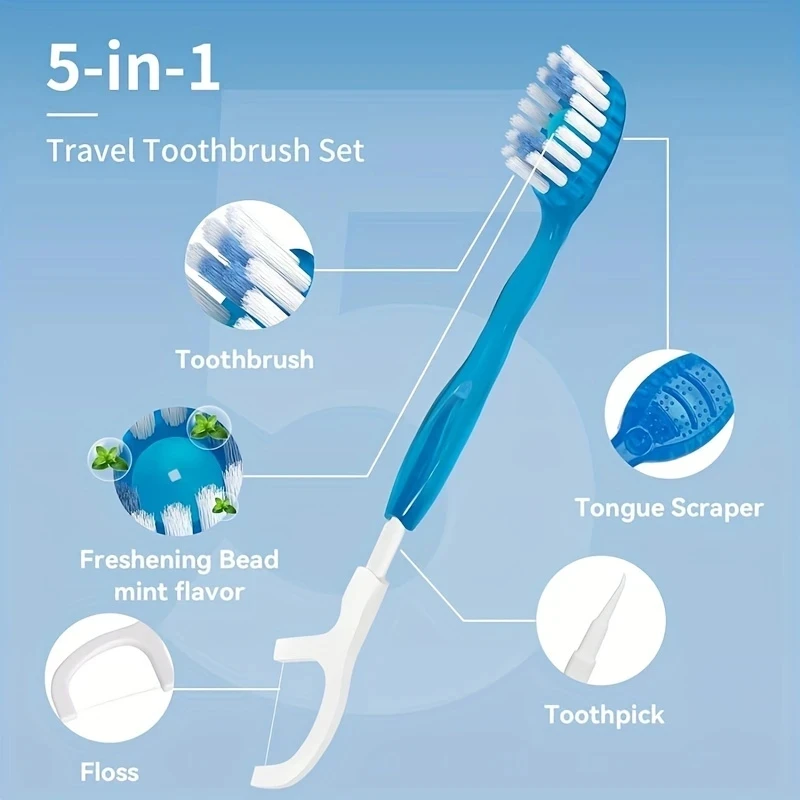 5 in 1 Mini Toothbrush & Floss & Tongue Scraper & Toothpick Set