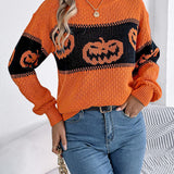 Halloween Pumpkin Head Color-Block Crew Neck Knit Sweater