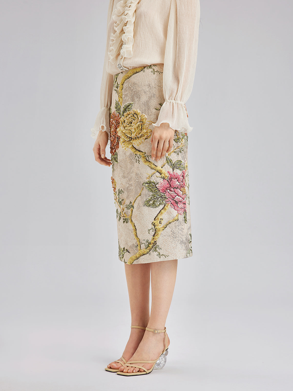 3D Jacquard Hand-Beaded Embellished Skirt