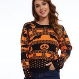 Halloween Pumpkin Pattern Round Neck Knitted Sweater