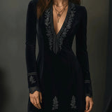 Retro Black Velvet Embroidered Lace Trim Mini Dress