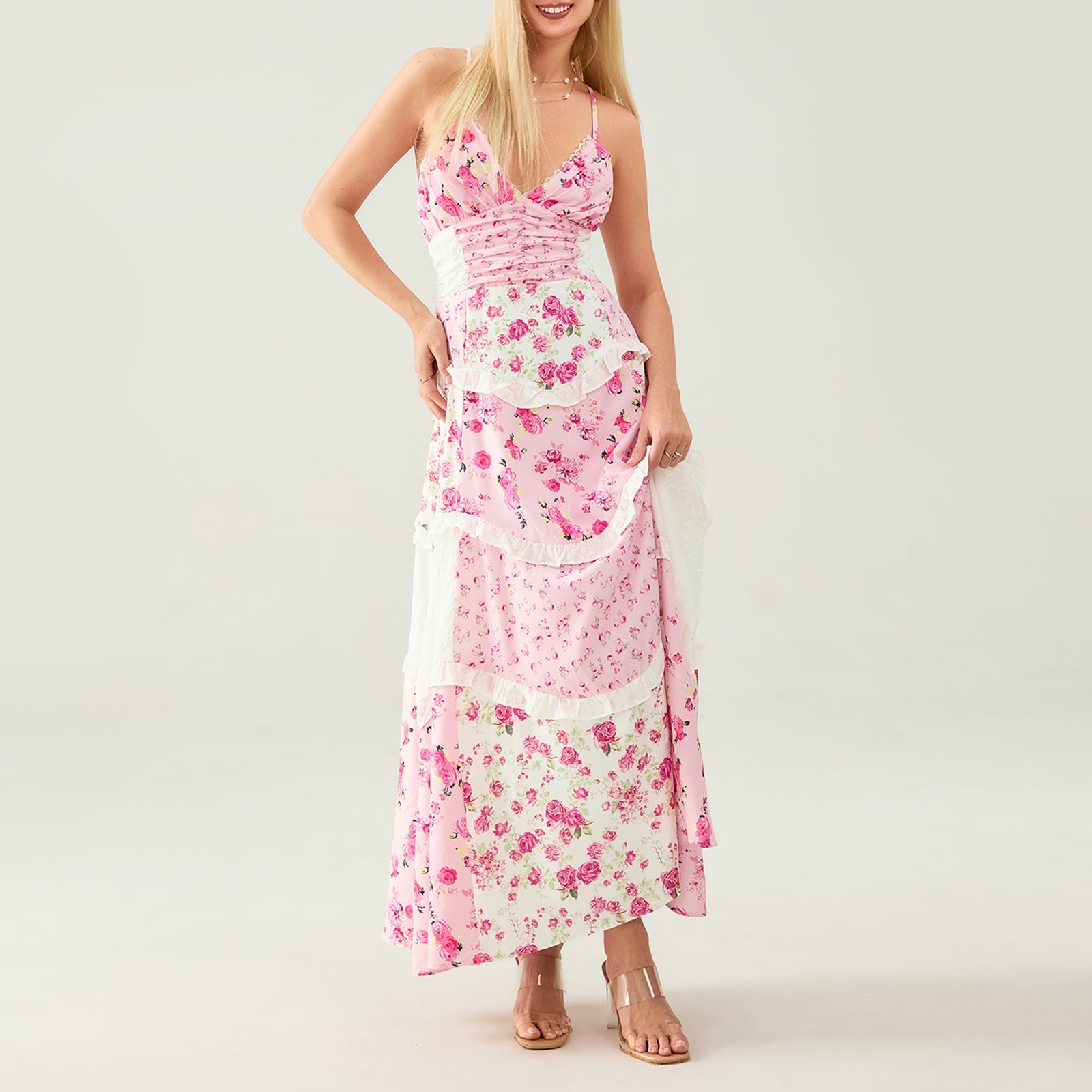 Isla Boho Maxi Dress – Pink Floral Layered Dress for Summer