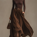 Dark Brown Turtleneck Top And Corduroy Skirt Set