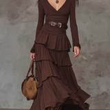 Brown Retro V-neck Multi-layered Ruffled Maxi Dress