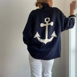 Varsity Chunky Anchor Cardigan-Navy