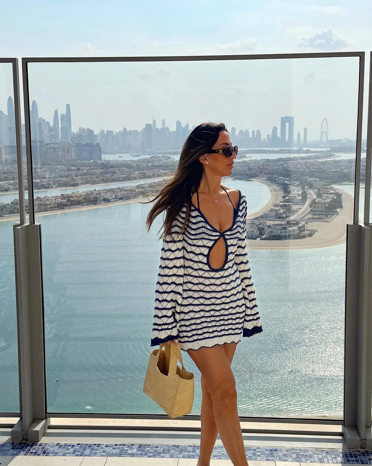 Boho Striped V-neck Mini Dress – Open Knit Beach Cover Up