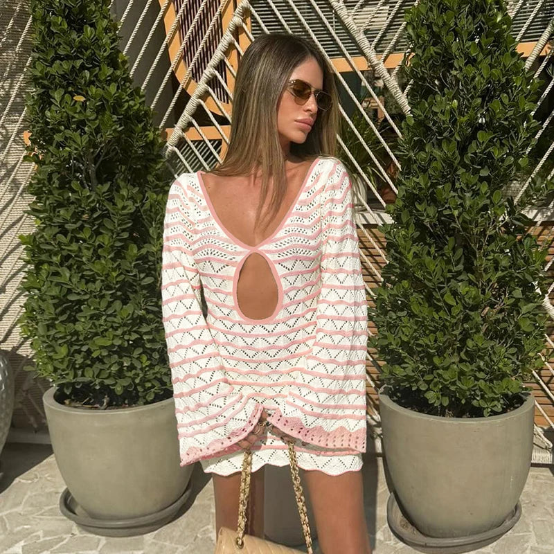 Boho Striped V-neck Mini Dress – Open Knit Beach Cover Up