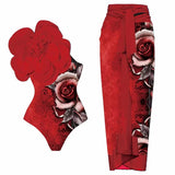 3D Red Floral Print One-Piece Swimsuit Set