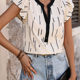Women's Printed V-Neck Ruffled Short Sleeve Blouse