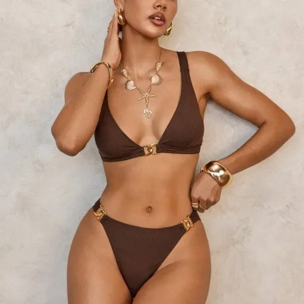 Lexie™ Bikini Set – Brown Elegance with Golden Detail