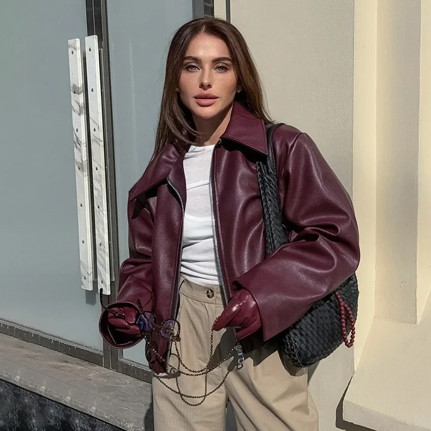 Stylish Lapel Leather Biker Jacket