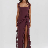 Amber Ruffle High-Slit Maxi Dress – Elegant Summer Statement Look
