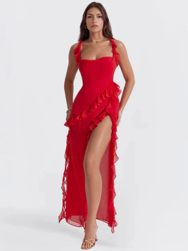 Amber Ruffle High-Slit Maxi Dress – Elegant Summer Statement Look