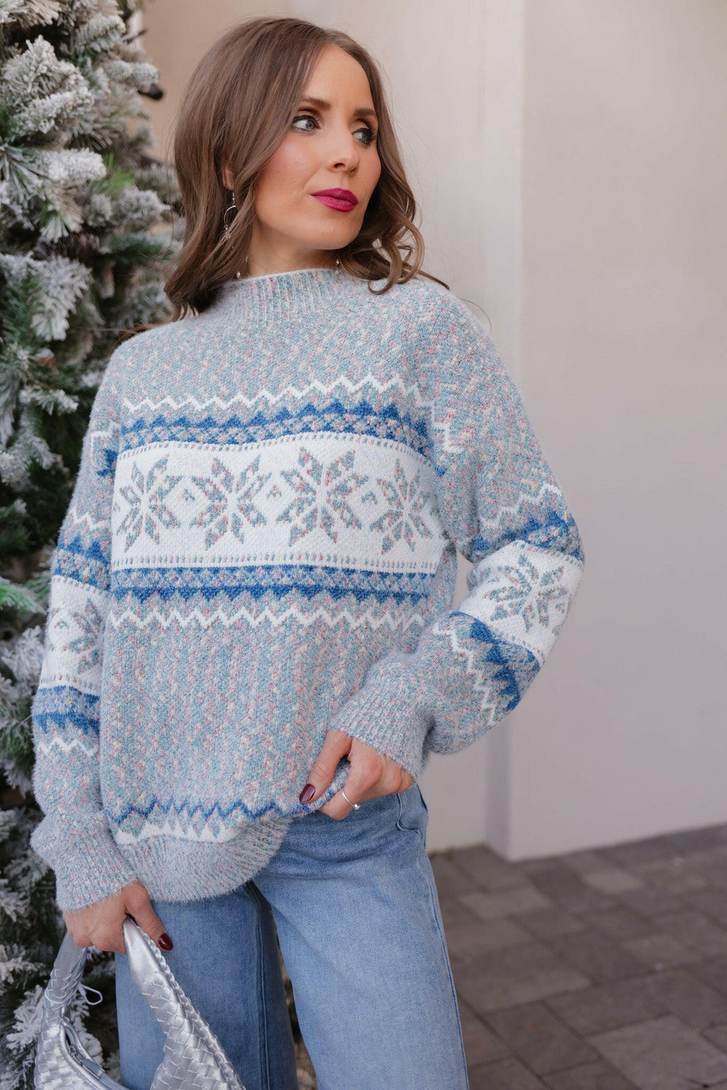Let It Snow Snowflake Mock Neck Sweater – Cozy Winter Knit