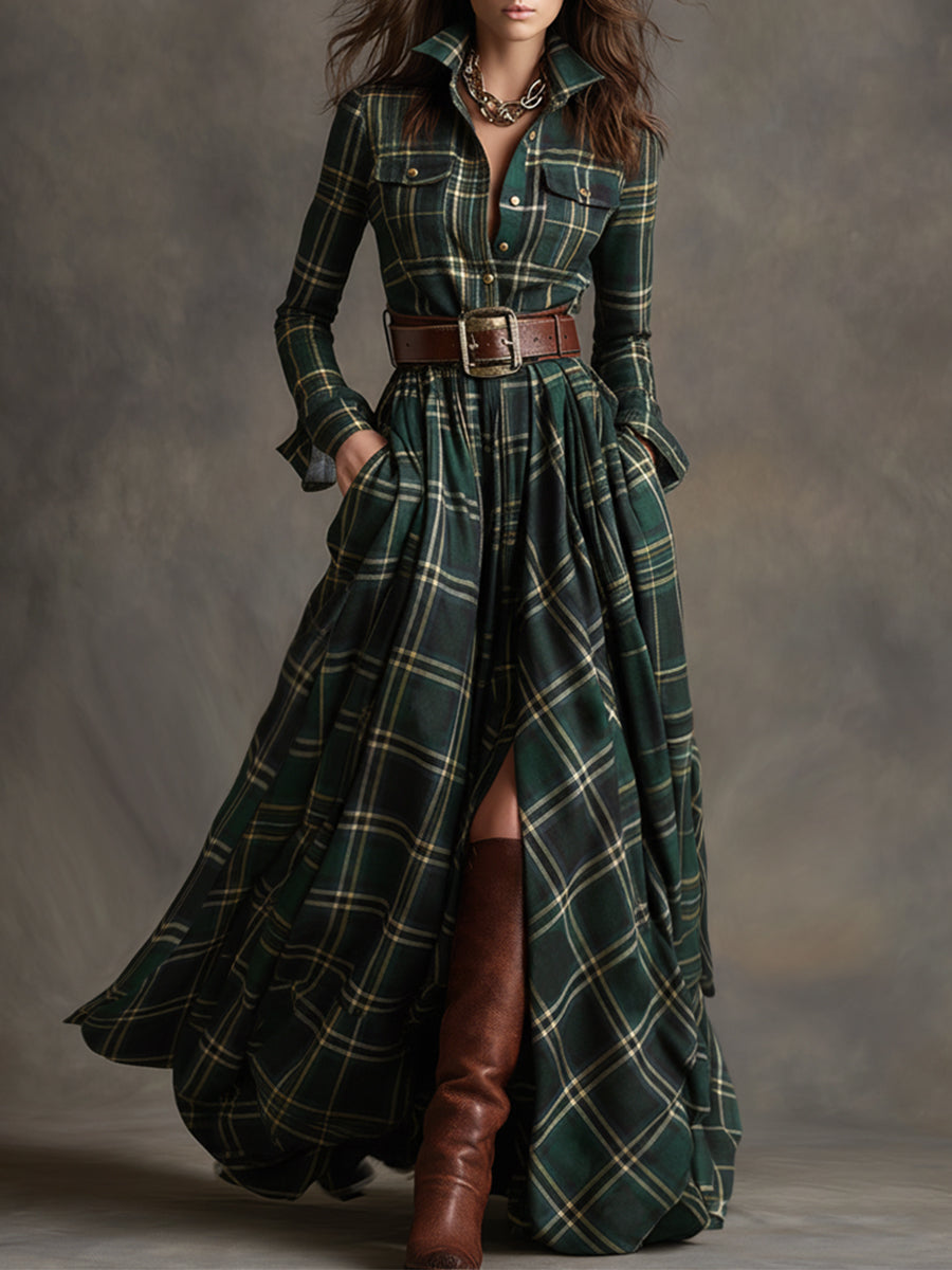 Retro Ethnic Style Lapel Reddish Brown Plaid Maxi Dress