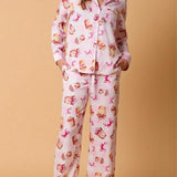 Bowknot Milk Tea Print Pajama Set Long Sleeve Shirt