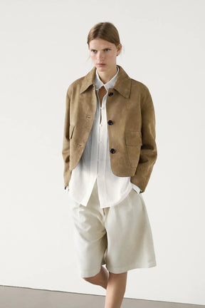 Cracked Suede Leather Jacket with Pocket