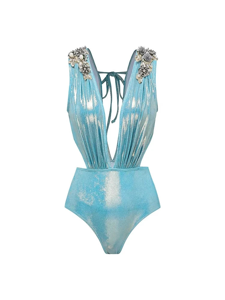 3D Butterfly Blue Glossy Swimsuit Set