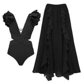 3D Floral Shoulder Detail Hollow Black Set
