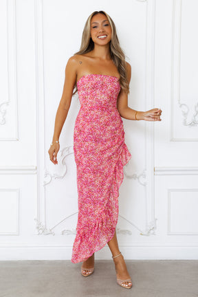 Dancing Dahlia Strapless Midi Dress | Romantic strapless dress with frill hem
