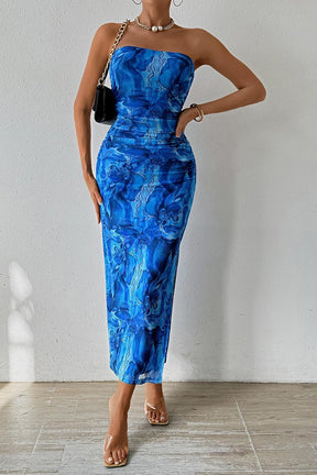 Rose Print Backless Dress – Ruched Bodycon with Romantic Floral Vibe