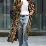 Unique Be Free Leopard Print Long Sleeve Loose Midi Trench Coat