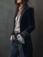 Vintage Navy Polyester Velvet Embroidered Long Jacket