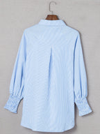 Sky Blue Smocked Cuffed Striped Boyfriend Shirt with Pocket
