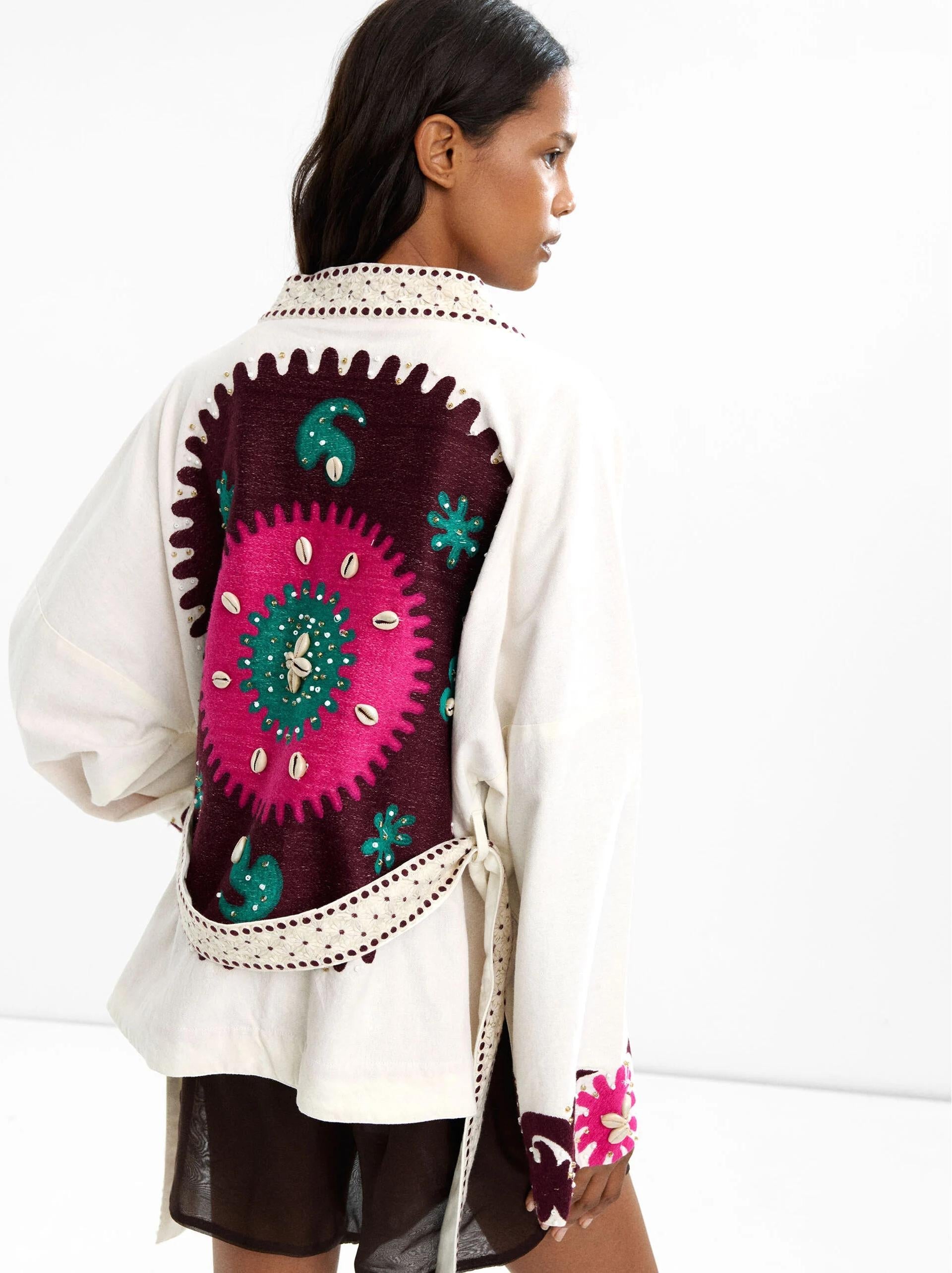 Embroidered Open-Front Coat