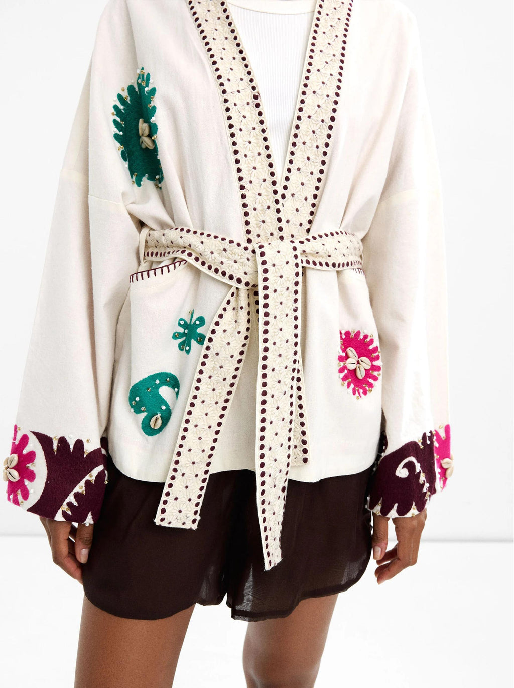 Embroidered Open-Front Coat
