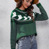 Literary Retro Ghost Pattern  Round Neck Knitted Sweater