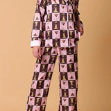 Plaid Wine Glass Print Pajama Set Long Sleeve Shirt