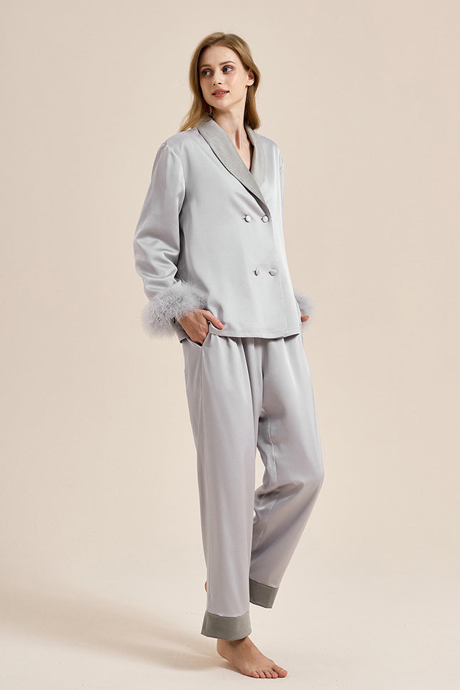 Feather Trim Red Pyjamas Set