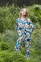 Blue Floral Pattern Long Sleeve Loungewear Set