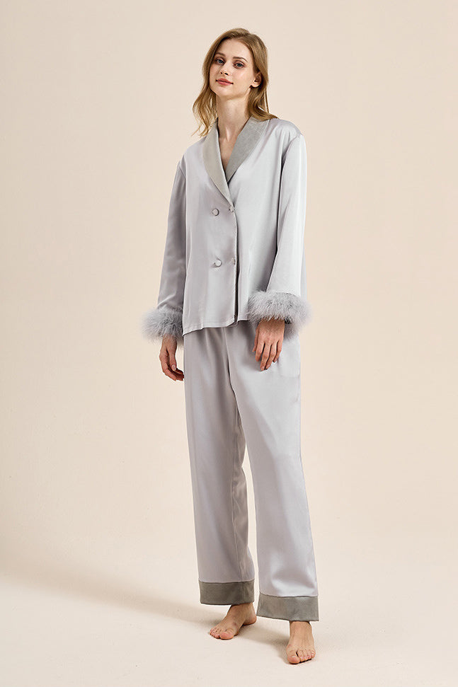 Feather Trim Red Pyjamas Set