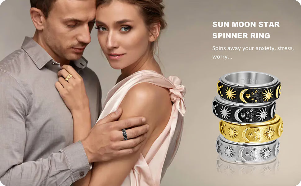 Sun, Moon & Stars Anxiety Relief Spinner Ring for Couples