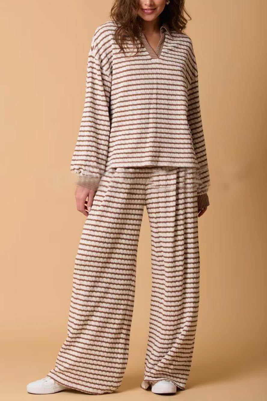 Casual Two-Color Striped Long-Sleeved Trousers Two-Piece Set