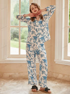 Parrot Print Ice Silk Long-Sleeve Pajama Loungewear Set