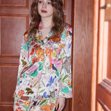 White Forest Garden Print Ice Silk Long-Sleeve Loungewear Set