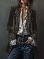 Vintage Navy Polyester Velvet Embroidered Long Jacket