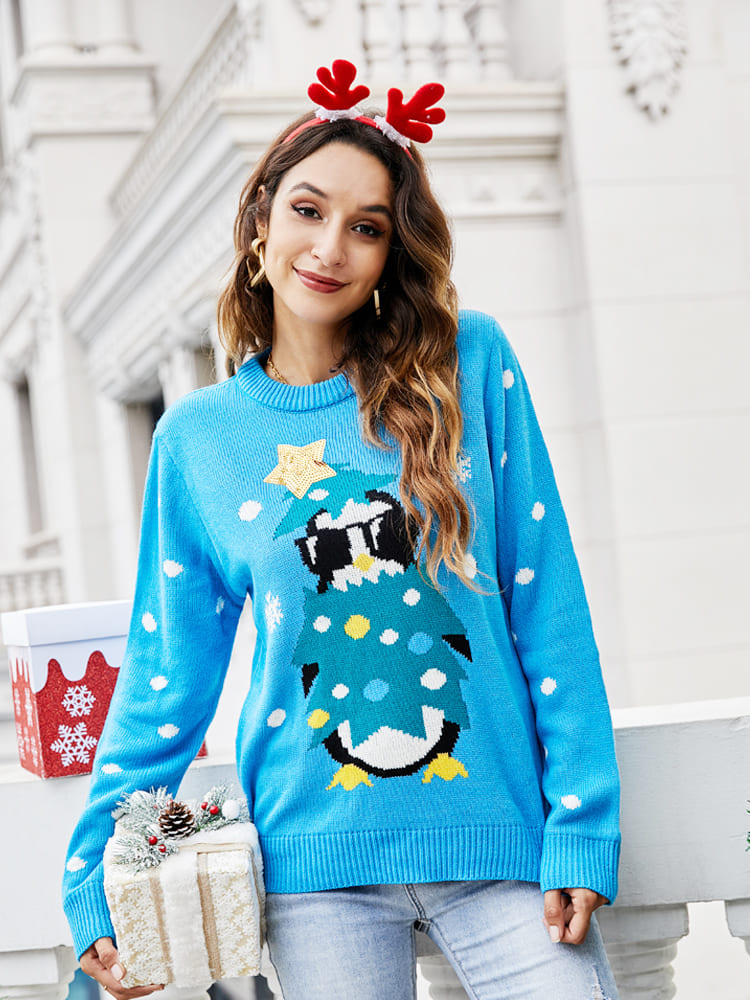 Round Neck Casual Penguin Embroidery Knit Sweater