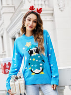 Round Neck Casual Penguin Embroidery Knit Sweater