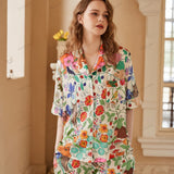 White Forest Garden Print Ice Silk Short Loungewear Set