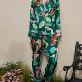 Green Parrot Print Silk Pajama Set